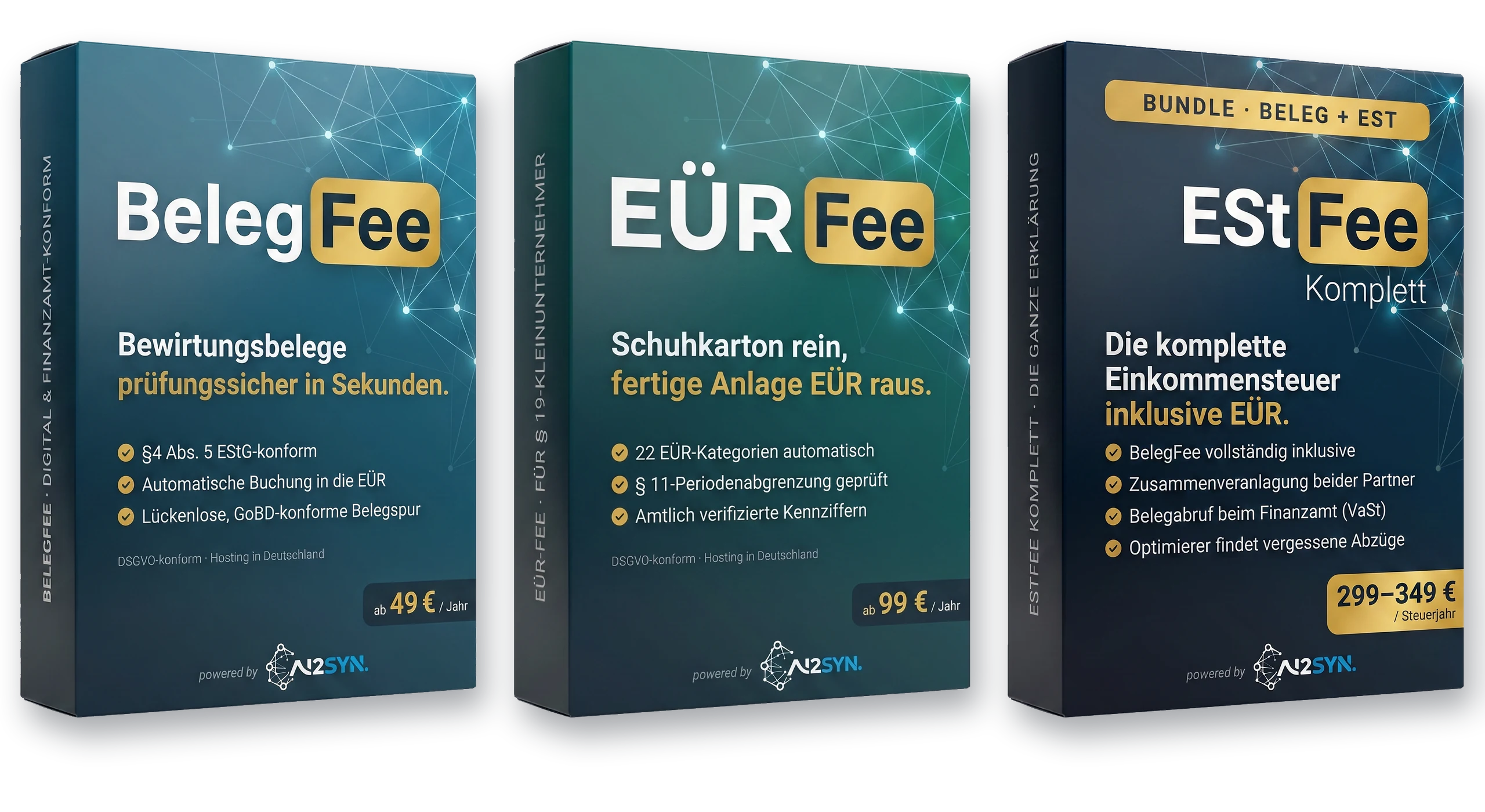 Die drei Steuerprodukte BelegFee, EÜR-Fee und ESt-Fee nebeneinander